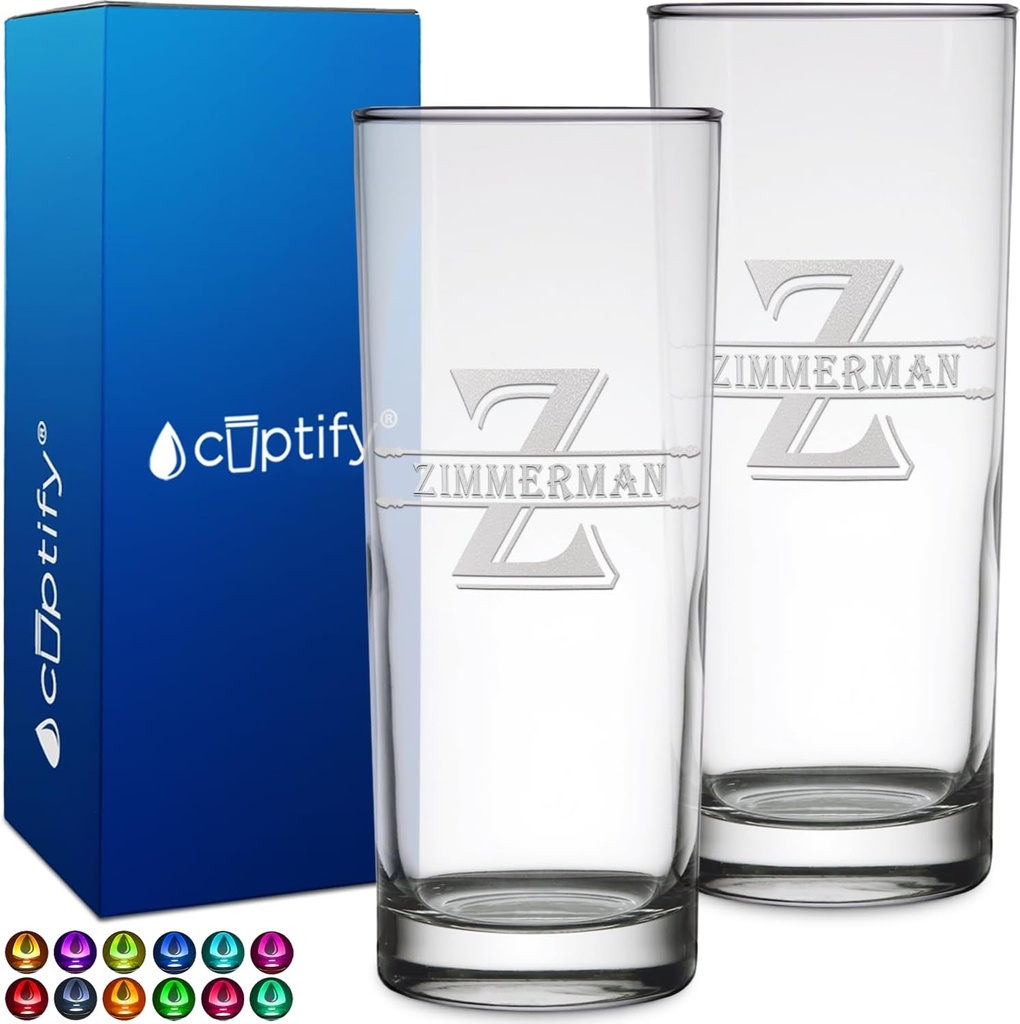Personalized Highball Glass Set of 2 Custom Tall Collins Glasses 10.5 oz, Straight up Mixed Drink Cocktail - Initial with Name Gift