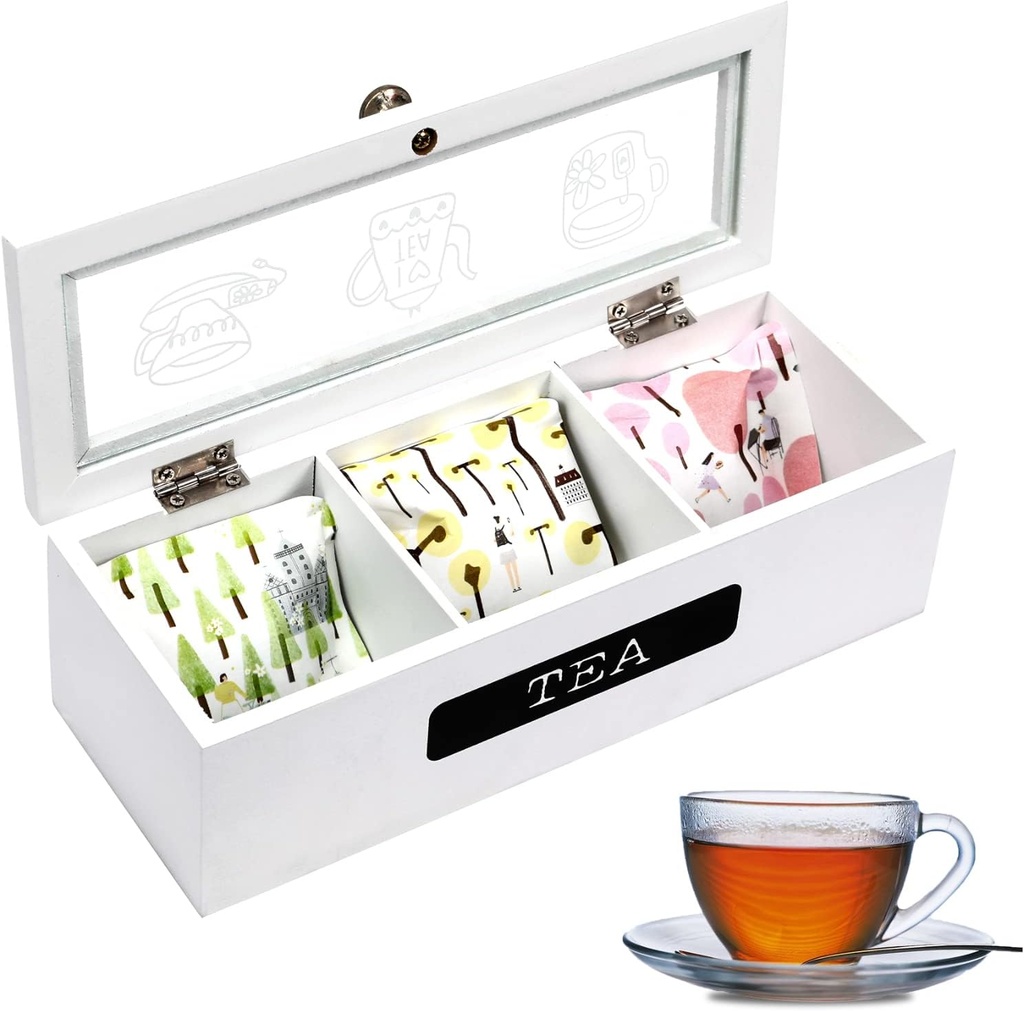 Tea Bag Organizer,White Wood 3 Compartment Tea Bag Organizer,Tea Holder Organizer,Tea Box Storage Box,Tea Box Organizer for Organizer and Display Tea Bags