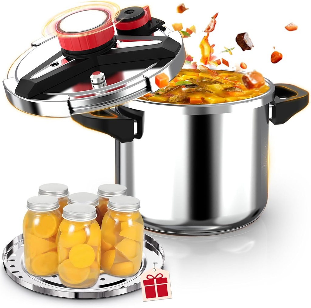 3-In-1 18/8 Stainless Steel Pressure Cooker 32 QT: [Explosion-Proof] [One-Hand Locking] Stainless Steel Pressure Canner, Induction Compatible, Steamer Rack Included, Olla de Presion