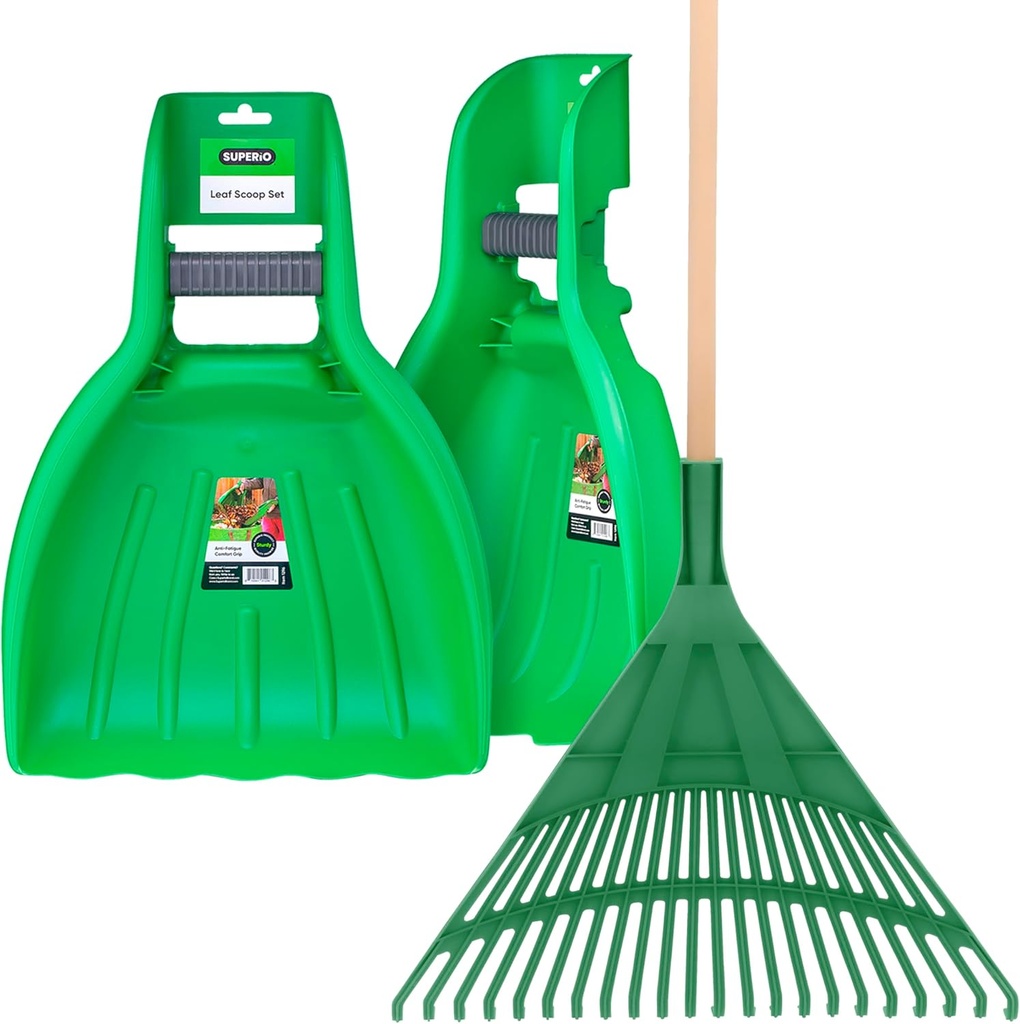 Leaf Collector & Adult Rake Set, Leaf Scoops & Rake for Leaf Picker Upper Gardening Lawn Care Hand Tools, 1 Lawn Cleaning Garden Rake & 1 Pair Leaf Scoop, Green Plastic Leaf Grabber, by Superio