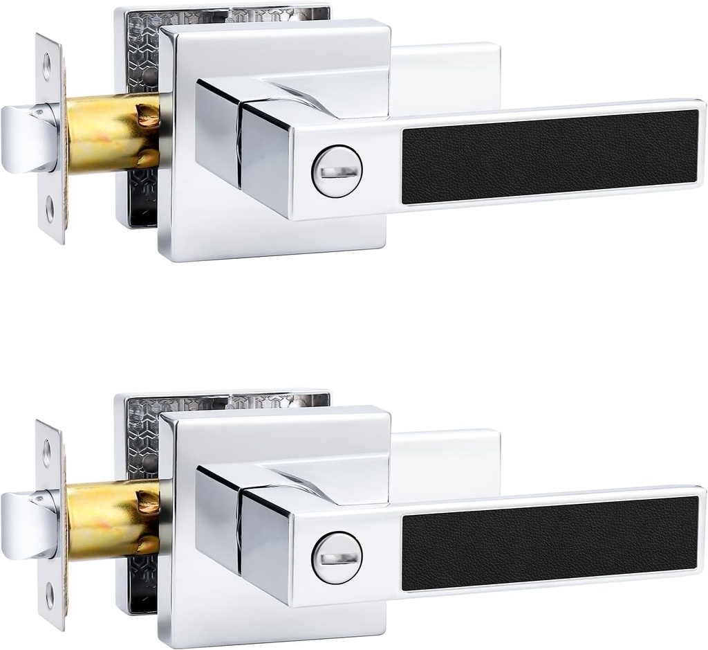 Probrico Square Heavy Duty Door Handle with Black Leather Hand Lever, Keyless Privacy Interior Door Levers for Bedromm and Bathroom, Polished Chrome, 2 Pack