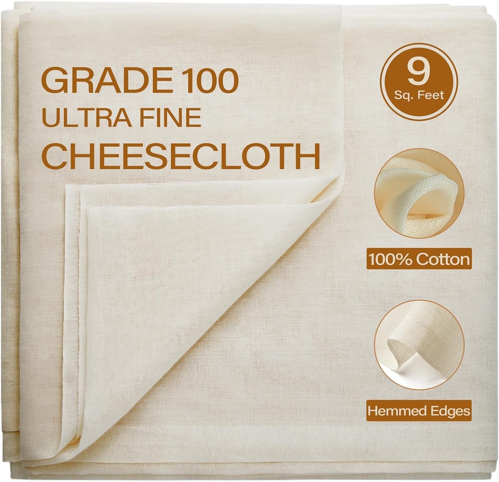 eFond Cheesecloth, 9 Square Feet Grade 100 Cheese Cloths for Straining Reusable, Washable, Lint Free and Ultra Fine Mesh Unbleached Pure Cotton Cheese Cloths for Cooking with Hemmed 2 Edges (1 Yard)
