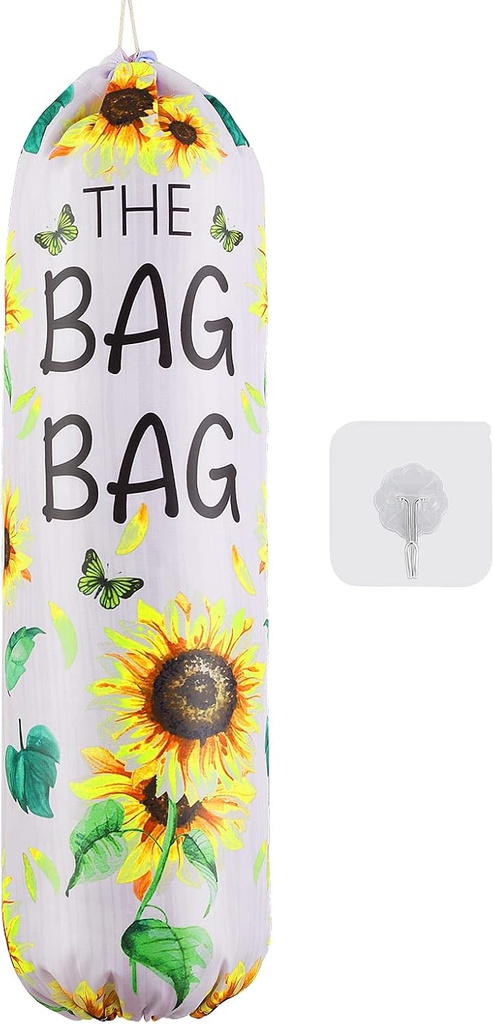 Sunflower Plastic Bag Holder for Kitchen, Plastic Bag Organizer and Dispenser Wall Mount Plastic Bags with Self-adhesive Hooks Garbage Shopping Trash Bags Storage Sunflower Farmhouse Home Decor