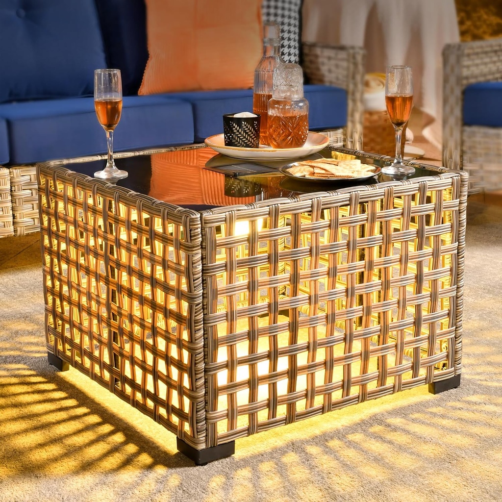 HOOOWOOO Patio Solar LED Lighting Table,Outdoor Wicker Coffee Table,All Weather Resistant Rattan Deck Lantern Side Table Matching Furniture(Beige Tan)