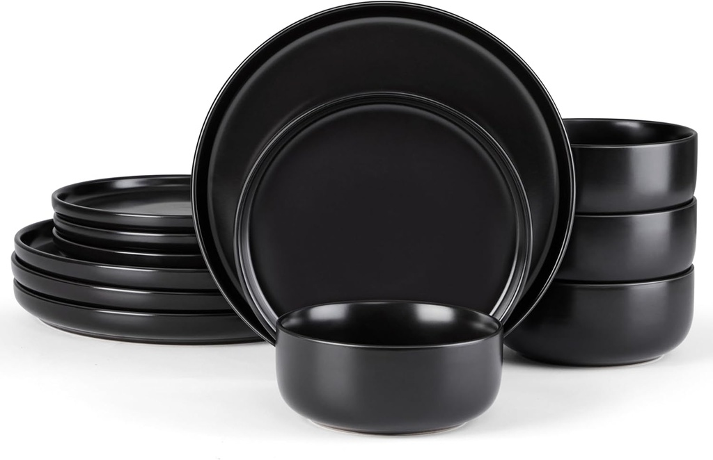 E-far Stoneware Dinnerware Sets for 4, 12-Piece Plates and Bowls Set, Modern Ceramic Dishes Dinning Ware, Microwave & Dishwasher Safe - Matte Black