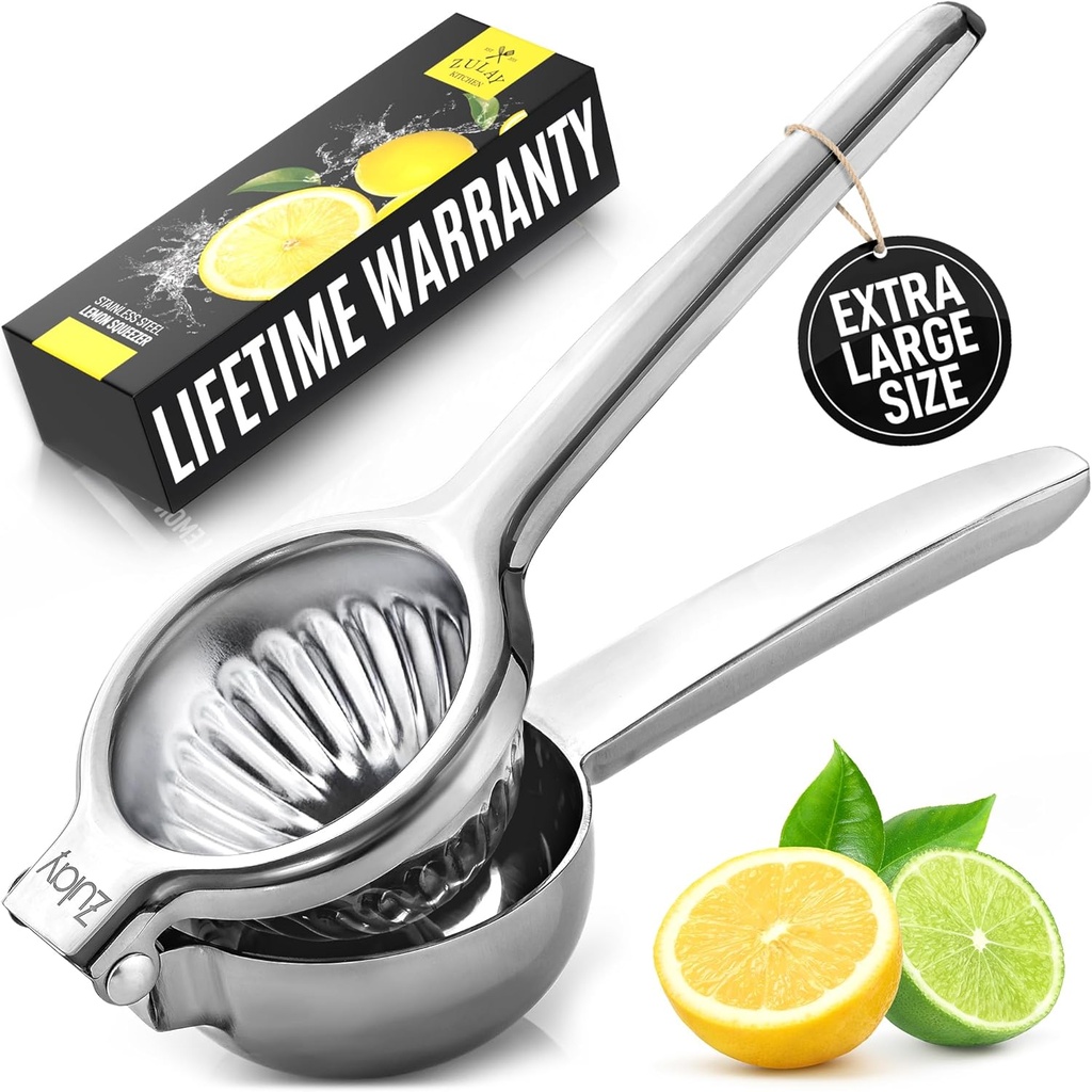 Zulay Kitchen Extra Large Lemon Squeezer Stainless Steel - Easy Squeeze Heavy Duty Lemon Juicer Hand Press - Ergonomic Citrus Squeezer & Fruit Juicer for Small Oranges, Lemons, & Limes - Silver
