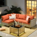 Outdoor Sectional Patio Furniture Set,5 Pieces Rattan Wicker Conversation Sets L Shaped Couch,Outside Furniture with Glowing Coffee Table,Orange