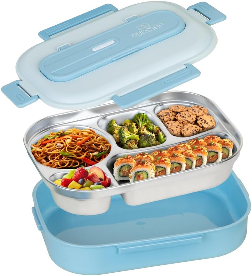 Stainless Steel 304 Bento Box – 5-Compartment Leak-Proof Lunch Box with Spoon & Chopsticks | Eco-Friendly & Reusable Food Container for Kids & Adults (Blue)