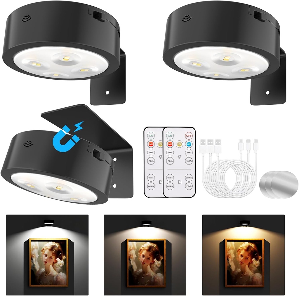 Picture Lights for Wall, Rechargeable Battery Operated Wireless Magnetic Painting Lights with Remote Dimmable and Timer, Wall Decor Lights with 3 Lighting Modes for Art Display (Black, 3Pack)