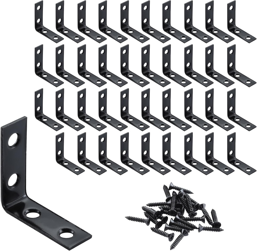 HOME MASTER HARDWARE L-Shaped Corner Braces, 40-Piece Metal Black Corner Bracket 1-1/2 Inch Right Angle Brackets for Shelves, Wood Furniture, Frames - Includes Rust-Resistant Screws