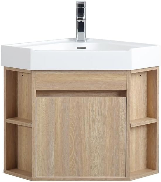 Tennant Brand 18 Inch Wall Mount Corner Bathroom Vanity with Matte Solid Surface (Light Oak)