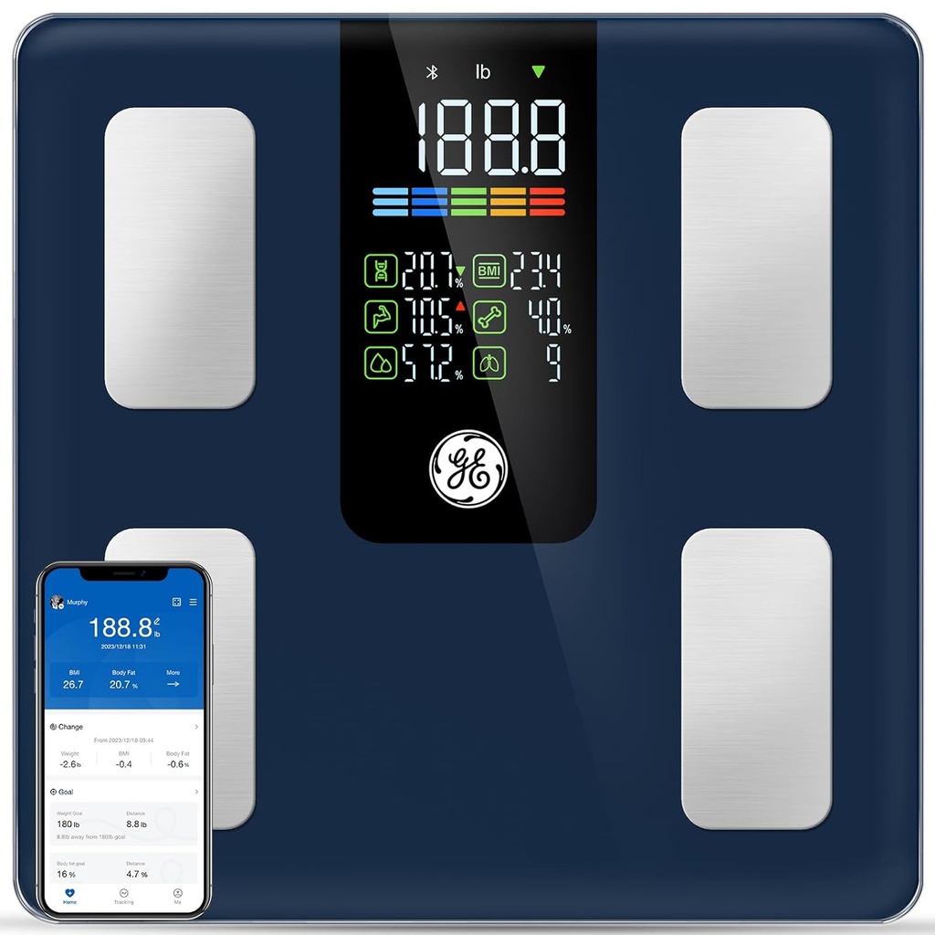 GE Smart Scale for Body Weight, BMI, Body Fat, Muscle Mass, Digital Bathroom Scales 500lbs for Bluetooth Weight Monitor 11.8" Large Platform Weighing Machine Health Analyzer with App