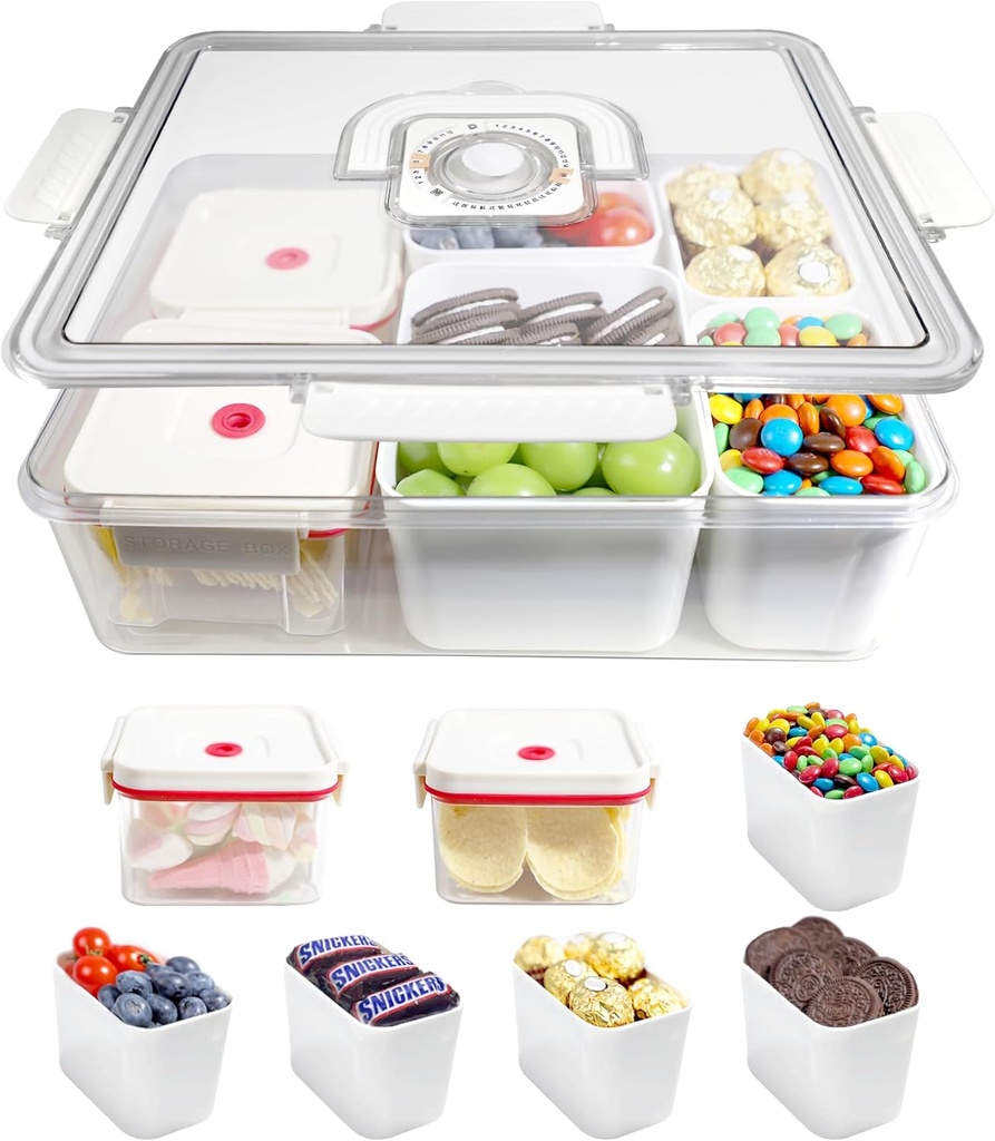 Snackle Box Container, Divided Serving Tray with Lid and Handle, Portable Snack Platters with Vacuum Seal Container, Clear Organizer for Fruits, Nuts, Candy, Perfect for Party Picnic Travel School