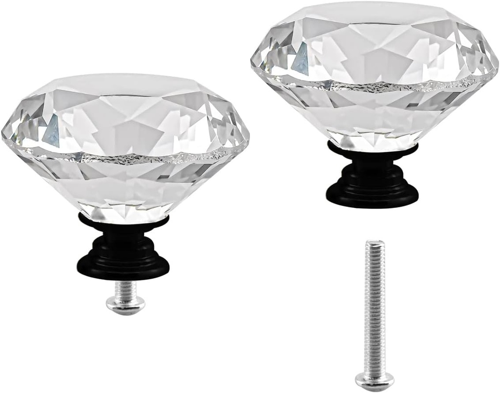 Crystal Cabinet Knobs 2Pack Clear Glass Diamond Shape Drawer Knobs 50mm Diamond Dresser Pulls Door Knobs Cabinet Pulls Cupboard Wardrobe Handles for Kitchen Office Cupboard Drawers (Black, 2 PCS)