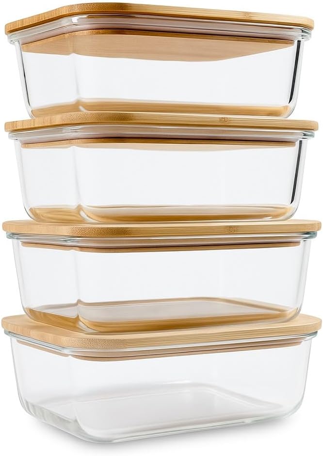 Glass Food Storage Containers with Bamboo Lids (4-Pack, 36oz) Airtight, Leakproof, BPA-Free Borosilicate Glass Meal Prep Containers – Eco-Friendly, Oven/Microwave/Freezer Safe-Plastic-Free & Reusable