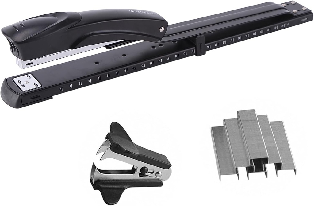Long Reach Stapler,with 2000 Staples & Stapler Remover Full Strip，20-25 Sheet Capacity,with Built-in Ruler and Adjustable Locking Paper Guide, Black
