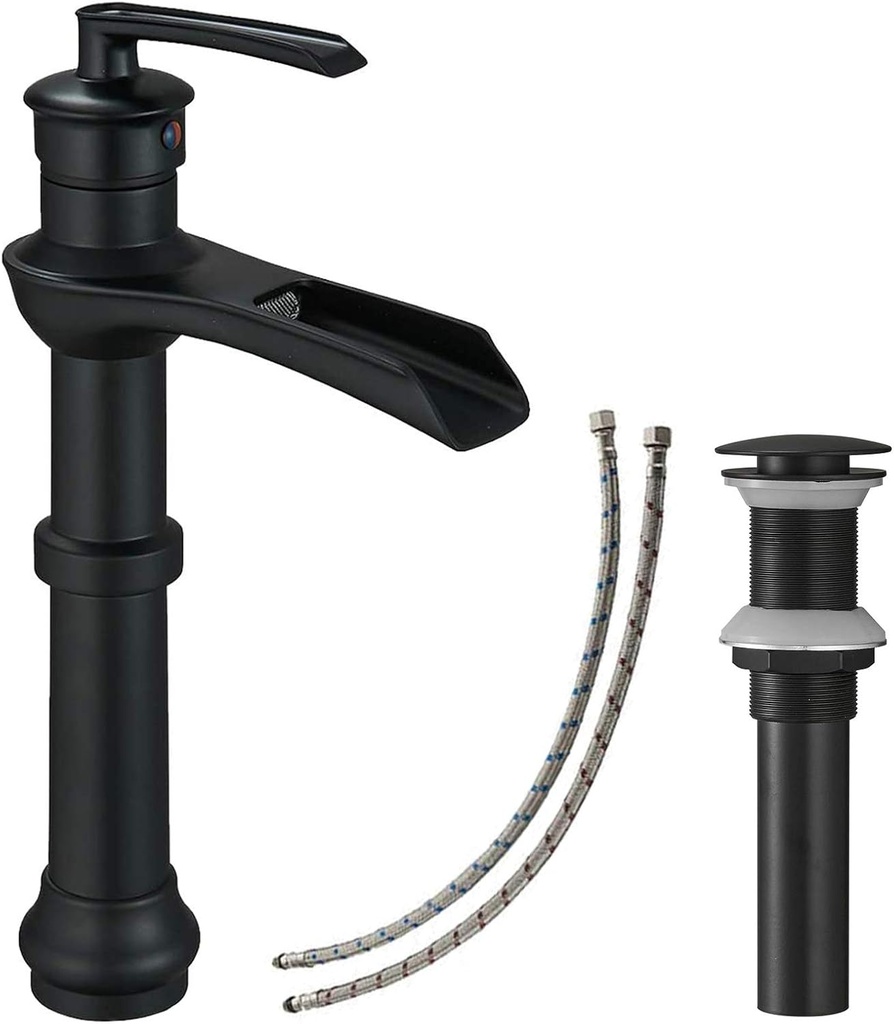 Black Vessel Sink Faucet Farmhouse Waterfall Matte for Bathroom Tall Single Hole with Pop up Drain Without Overflow Bowl Sink Mixer Tap Bath Vanity