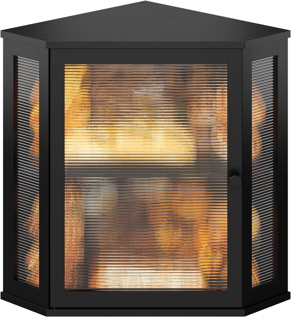 Corner Bread box for Kitchen Countertop,Farmhouse Bread Box with Acrylic Wavy Door Panel,Large Bread box for kitchen countertop,Kitchen Countertop Food Storage Container (Black, Extra Large)