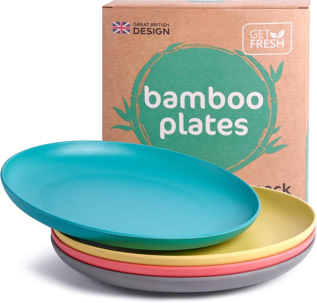 GET FRESH Bamboo Kids Plates Set 4-pack Reusable Dinner Plates for Toddlers Colorful Bamboo Fiber Childrens Dinnerware Set for Everyday Use