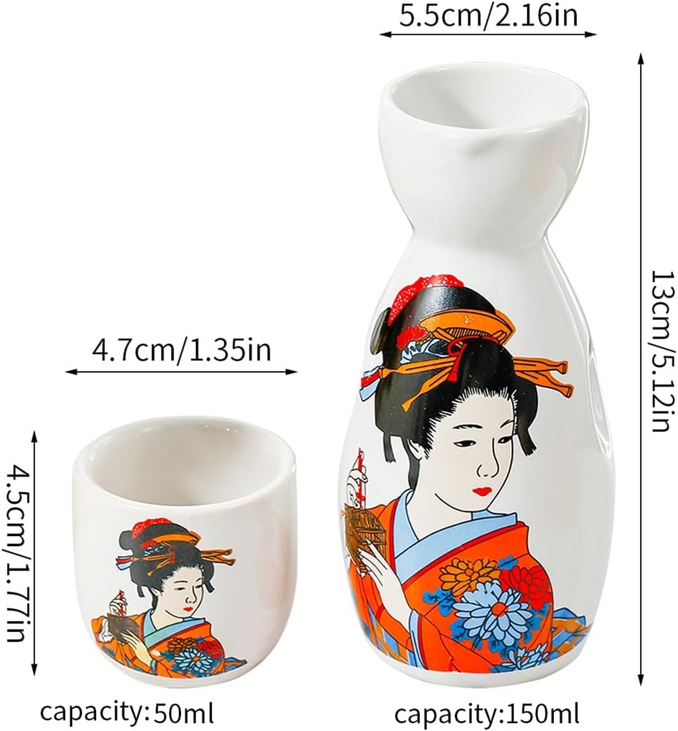 5PCS Hand Painted Japanese Sake Ceramic Set with White and Pink Flowers, Collection