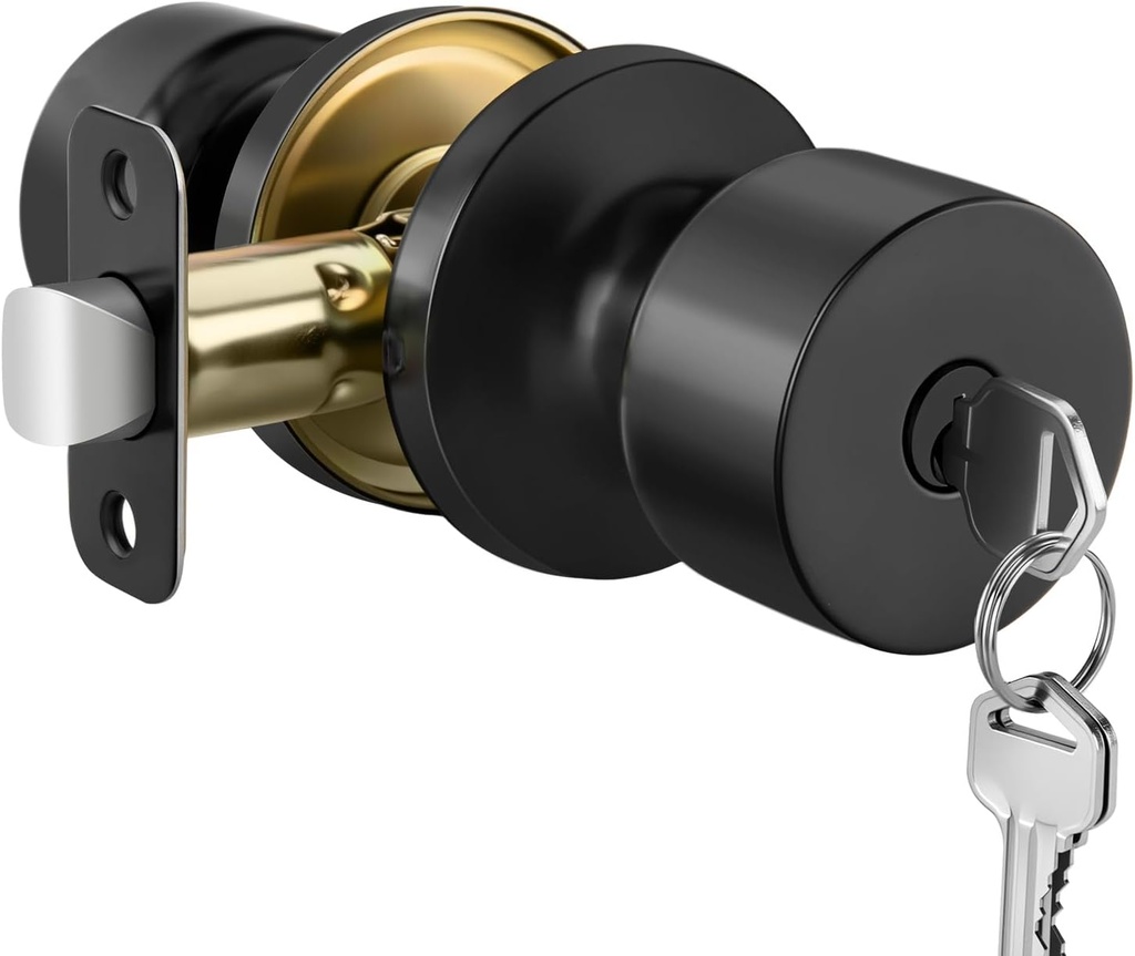 Haidms Keyed-Alike Matte Black Exterior Door Knob with Lock and Key, Front Door Knob Exterior, Round Black Outdoor Door Knob1 Pack