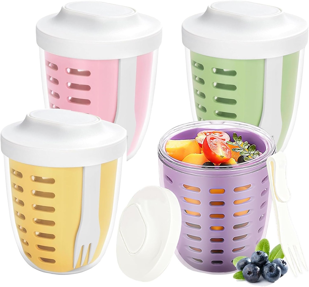 4 Pack Fruit Salad Storage Cup with Lids and Fork, 20oz Reusable Plastic Fruit Storage Containers for fridge with Drain Baskets, BPA-Free & Leak-Proof, Keep Fruits,Vegetables Fresh Longer
