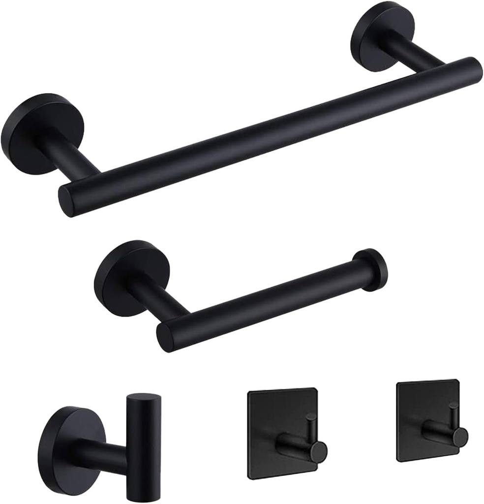 5-Pieces Bathroom Hardware Set, SUS304 Stainless Steel Towel Rack Set, 16" Hand Towel Rack, Toilet Paper Rack, 3 Bathrobe Towel Hooks, Bathroom Accessories, Towel Rack Set(Matte Black)