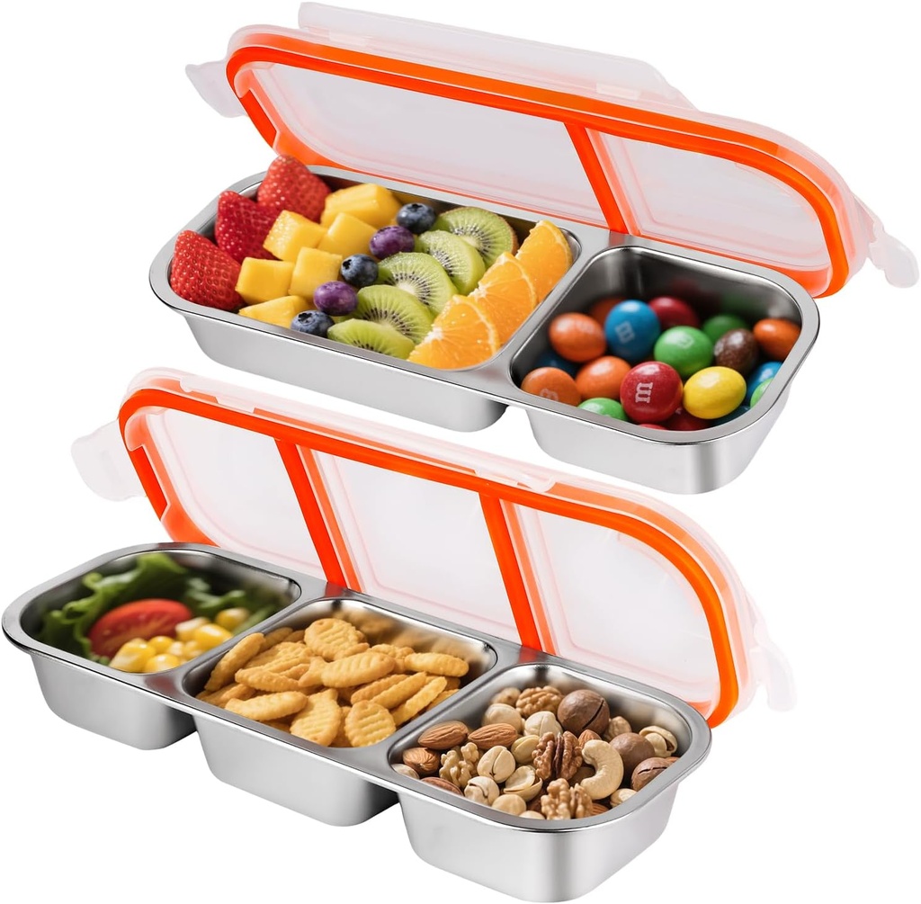 Stainless Steel Snackle Container For Adults, Reusable Bento Lunch Box Snack Containers, 2-3 Compartment Divided Food For Home Work Travel (2 Pack)