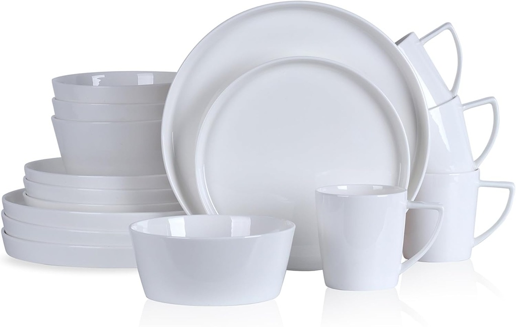 Stone Lain Madeline Bone China 16 Piece Dinnerware, Plates and Bowls Sets for 4, White Dish Collection with Mugs, Modern Edge, Microwave & Dishwasher Safe