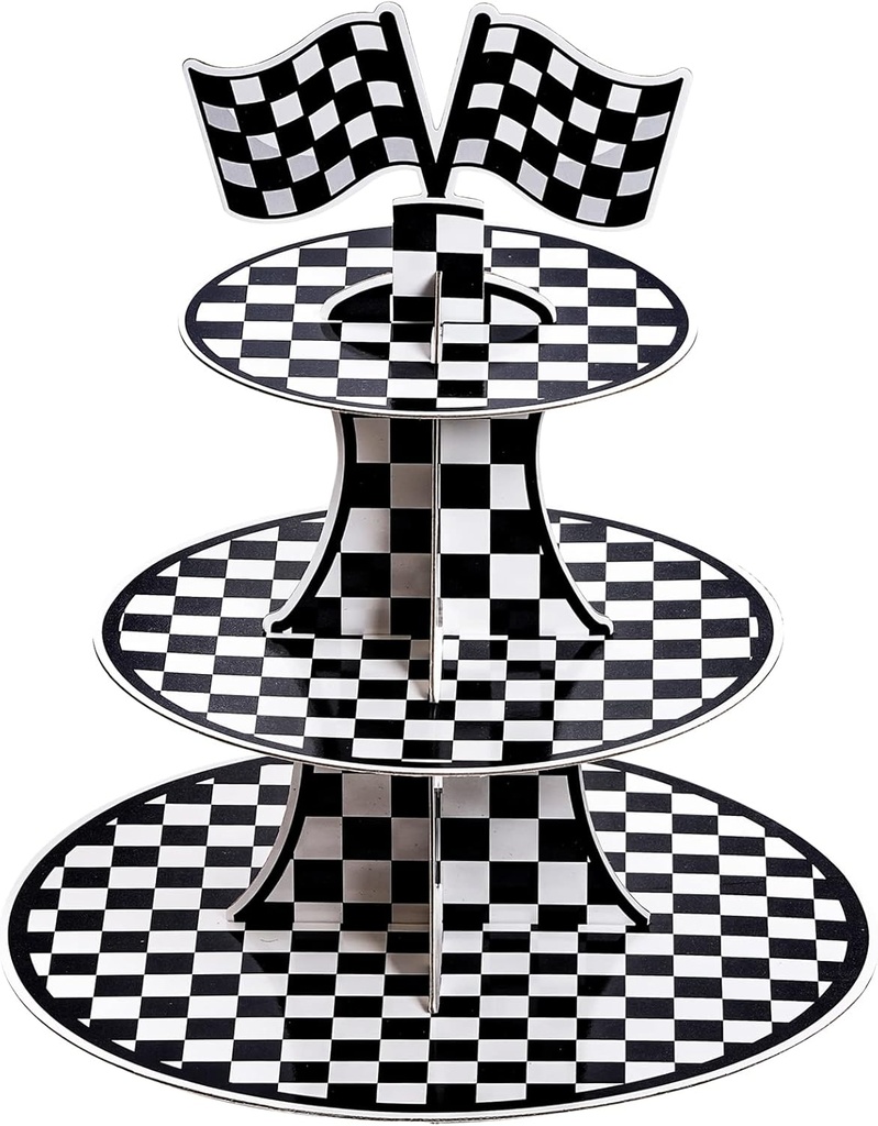 3-Tier Round Cardboard Cupcake Stand, Racing Car Theme Cardboard Cupcake Holder, Car Theme Dessert Display Stand Tower, Black and White Checkered Car Party Decorations Supplies