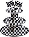 3-Tier Round Cardboard Cupcake Stand, Racing Car Theme Cardboard Cupcake Holder, Car Theme Dessert Display Stand Tower, Black and White Checkered Car Party Decorations Supplies