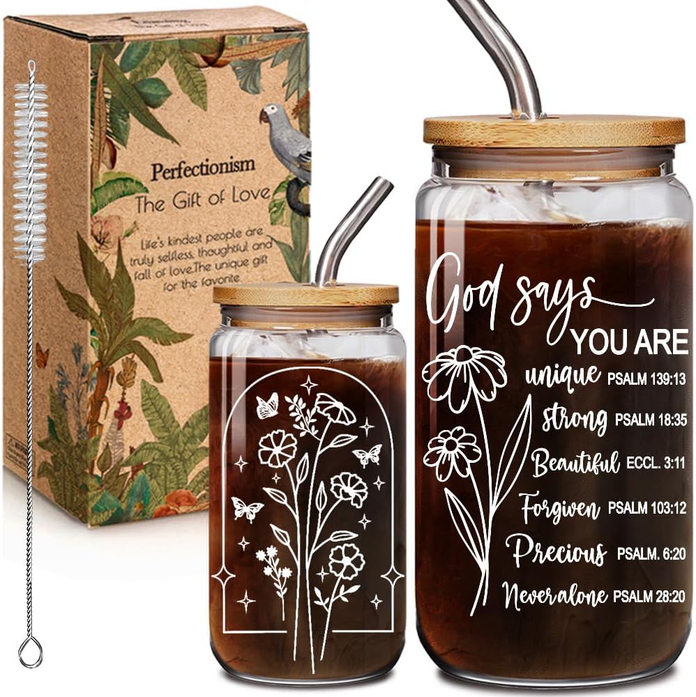 God Says You Are Glass with Bamboo Lid and Straw, Christian Bible Verse Floral Bible Verse Christmas Gifts for Women, Inspirational Floral Christian Religious Gifts for Friend Bestie Mom Wife 16OZ