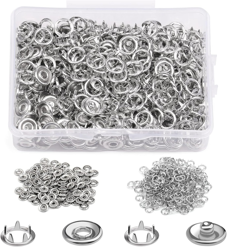 TLKKUE 100 Sets Snap Button, 9.5mm Metal Silver Snaps Buttons for Sewing and Crafting, Open Prong Snaps Buttons Snap Fasteners Kit for Jeans, Fabric, Clothing, DIY Craft, Clothing Fasteners