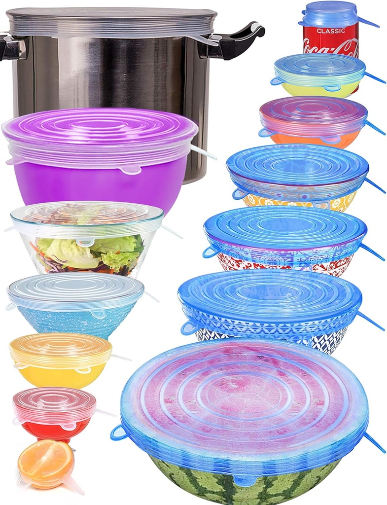 Longzon Silicone Stretch Lids 14 Pack Include 2Pcs Size up to 9.8'' Diameter,Reusable Durable Food Storage Covers for Bowl,7 Different Sizes to Meet 2.6"-9.8''Dia Containers,Dishwasher & Freezer Safe