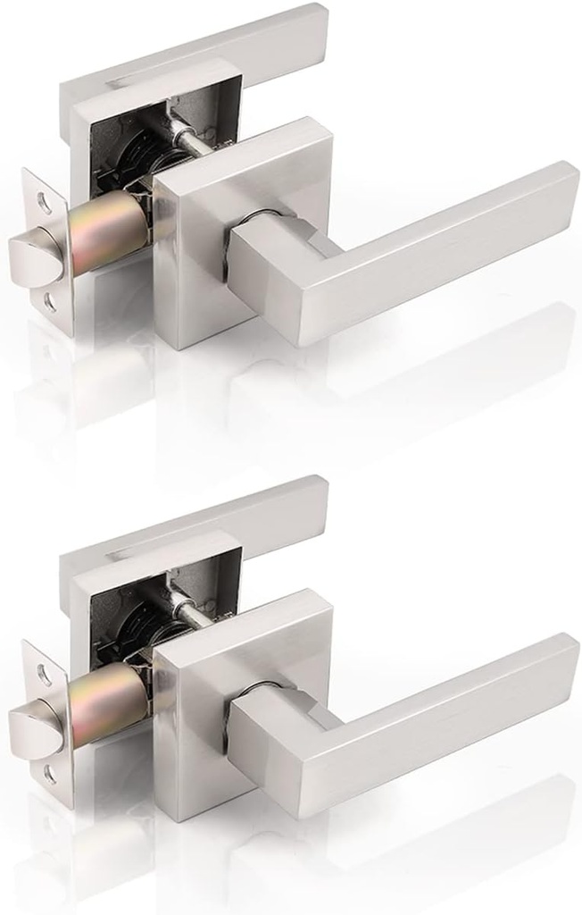 Gobrico Square Heavy Duty Keyless Door Handles Passage Door Levers for Hall Closet Brushed Nickel Finished No-Locking Door Locksets 2 Pack