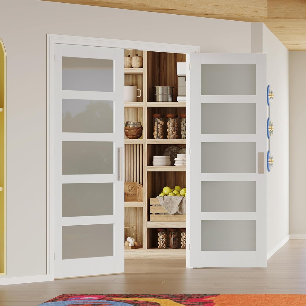 48" x 80" Interior Door, 5-Lite Frosted Tempered Glass Pantry Bathroom Closet Doors, Solid MDF Core French Door, T-Shape Handles, Flush Bolts, Top Bead Guide, Paintable Surface, White