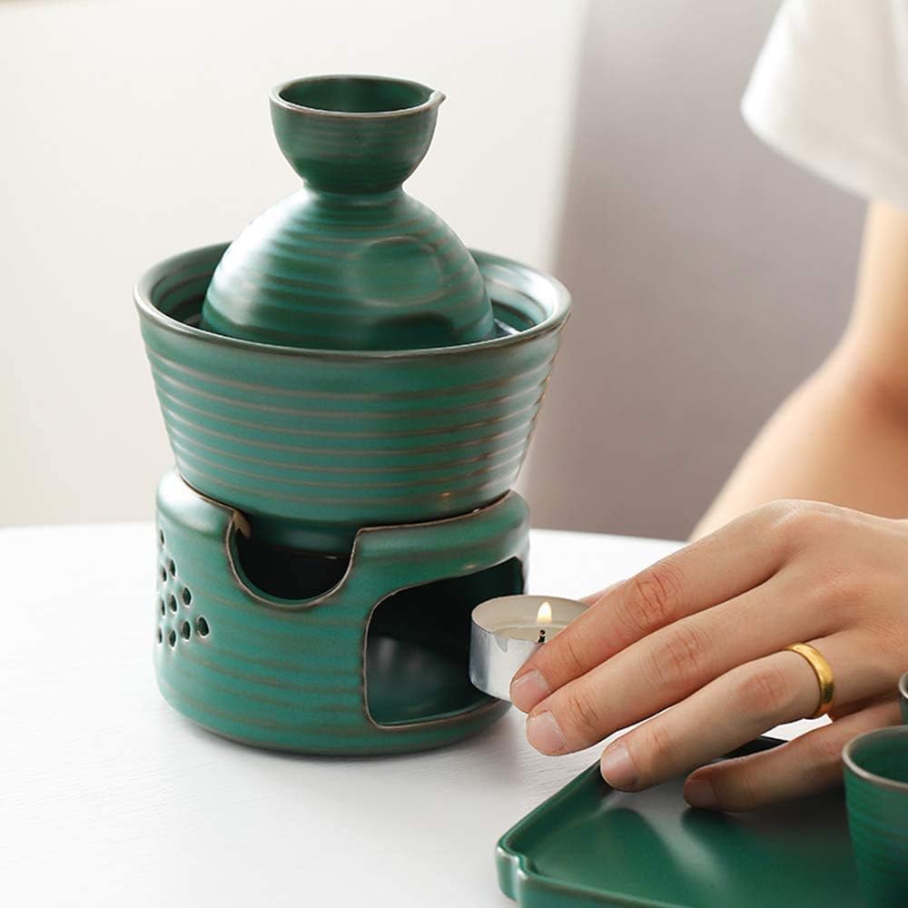 Sake Set Japanese Hot Sake Set Vintage Wine Set with Warmer, 4 Cups, Carafe & Heating Pot, Wine Cup Wine Glass Dispenser GYL24824