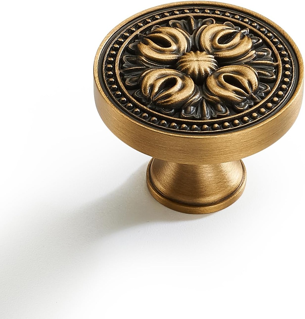 2 Pack Antique Brass Cabinet Knobs - Vintage Floral Drawer Pulls, 1.25 Inch Solid Brass Carved Handles for Kitchen, Dresser, Bathroom, Wardrobe Furniture Hardware
