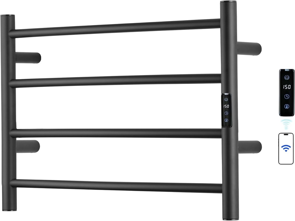 Electric Towel Rack with Voice Control for Alexa & Google Home,TUYA - Wall-Mounted Bathroom Heating Towel Warmer,Plug-in,Stainless Steel Material,16.54x23.62x5.51 in,Black,4 Bars