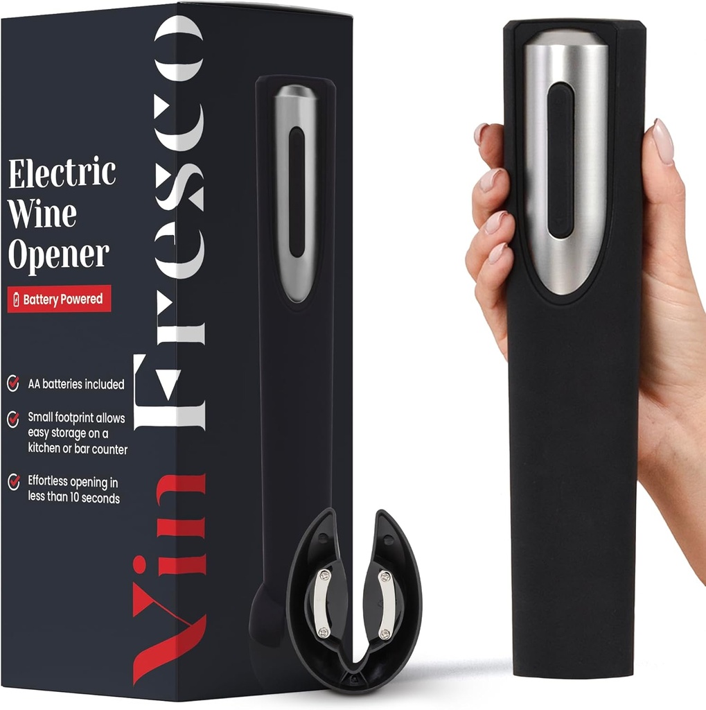 Electric Wine Opener Battery Operated with Stand and Built-in Foil Cutter - Automatic Wine Opener - Electric Corkscrew for Easy Cork Removal - Best Gift for Wine Lover (Black & Silver)