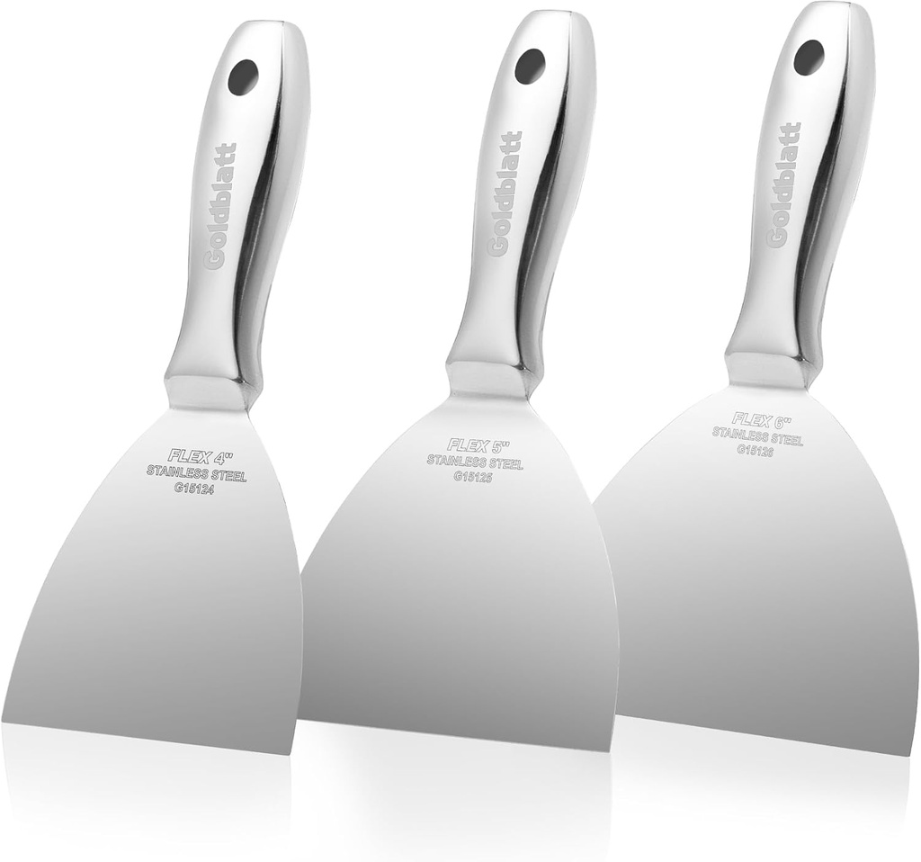 Goldblatt 3-Pack Putty Knife Set(4",5",6"), One-Piece Paint Scraper Tool, All Stainless Steel Joint Knife, Flexible Blade, Seamless Design, Ergonomic Grip - for Drywall Repairing, Finishing, Scraping