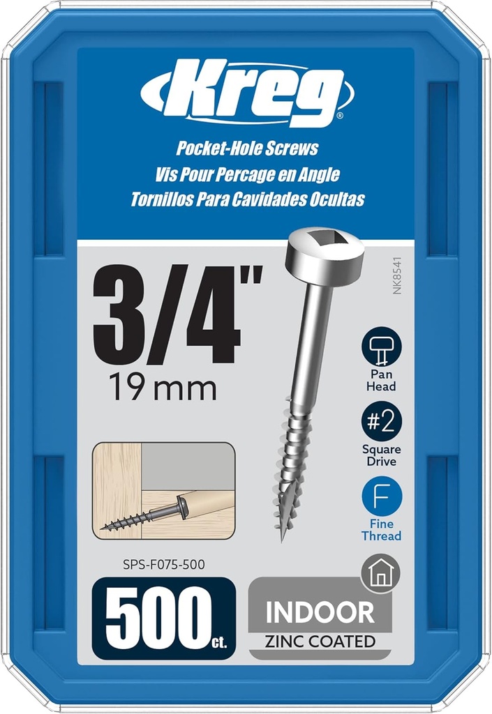 Kreg SPS-F075-500 Zinc Pocket Screws, 3/4 Inch #6 Fine Thread, Pan Head (500 Count)