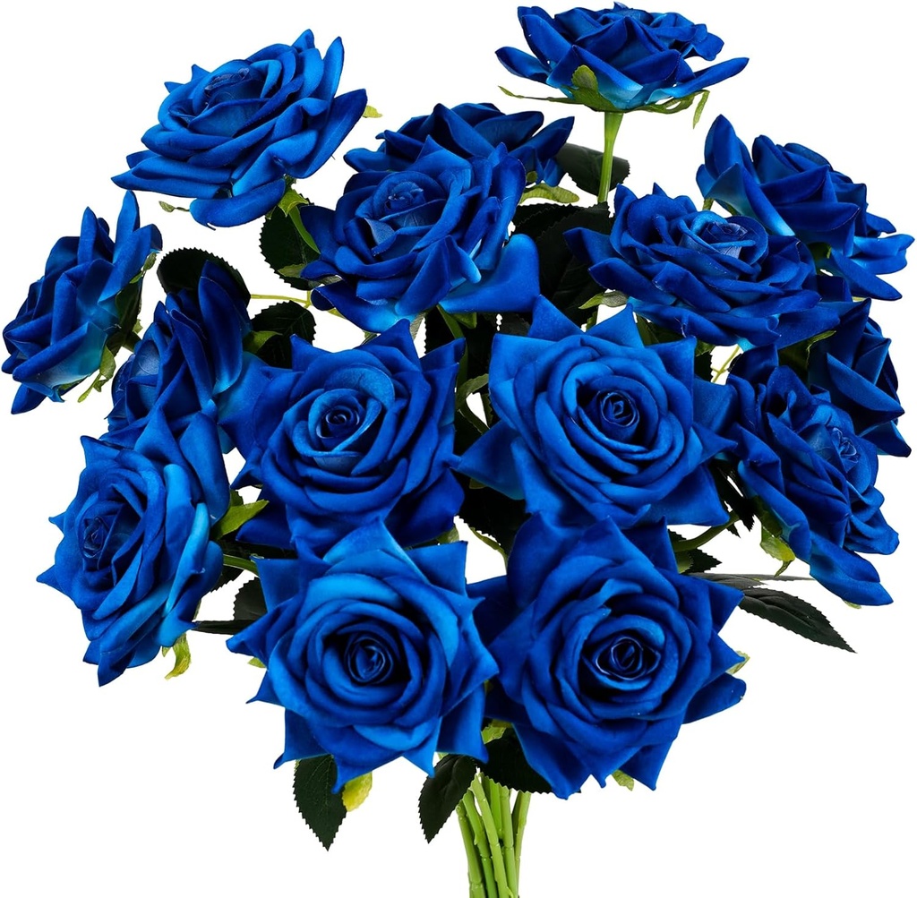 Floweroyal 15PCS Blue Roses Artificial Flowers 4.33" Velvet Flowers with Long Stem Fake Roses for Wedding Bridal Bouquets, Floral Arrangement, Table Centerpieces, Home Decorations