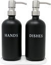 Black Glass Hand and Dish Soap Dispenser Set - Modern Farmhouse Sink Accessories - 16 oz Kitchen Sink Set With Tray, Stainless Pumps & Funnel