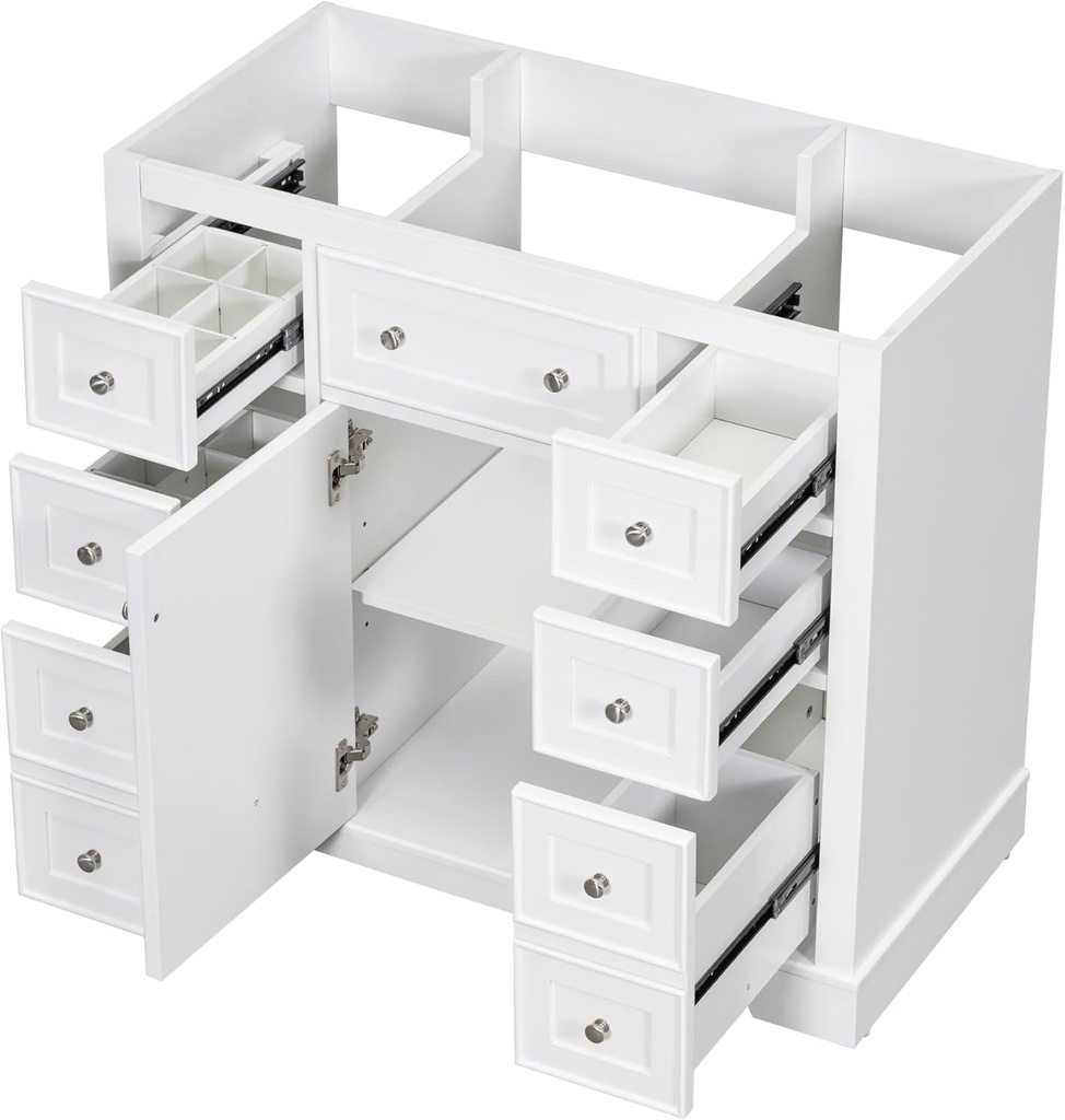 36" Bathroom Vanity Without Sink,Cabinet Base Only,One Cabinets and Six Drawers,Wood Set Frame W/Adjustable Shelf,Water-Proof,Stain Proof,White