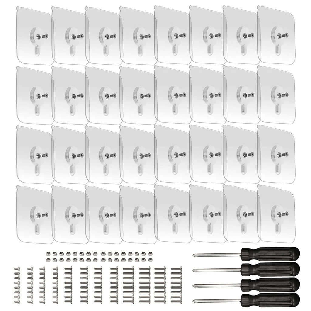 32-Set Adhesive Screws Wall Mount Hanging Nails No-Trace No Drilling Stick-on Sticky Screw with 3 Different Size Screw for Bathroom Kitchen Storage Room Tile Wall