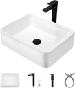 19 inch White Rectangle Bathroom Vessel Sink with Faucet, 19"x15" Above Counter Rectangle Ceramic Porcelain Bathroom Vessel Sink Combo with Black Faucet and Drain