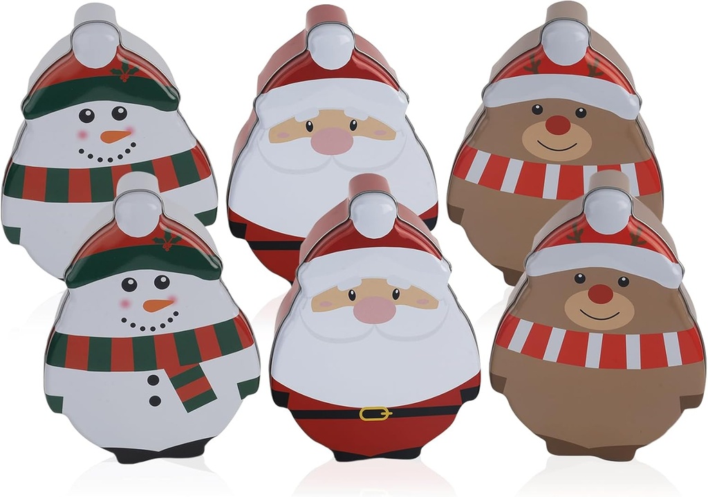 DAHO Christmas Characters Novelty Shaped Tin Figure Canisters, Set of 3 - Snowman, Santa Claus, Reindeer Assorted Designs for Storing Cookies, Treats, Chocolate, Party Favors and Gifts (2 Set (6pcs))