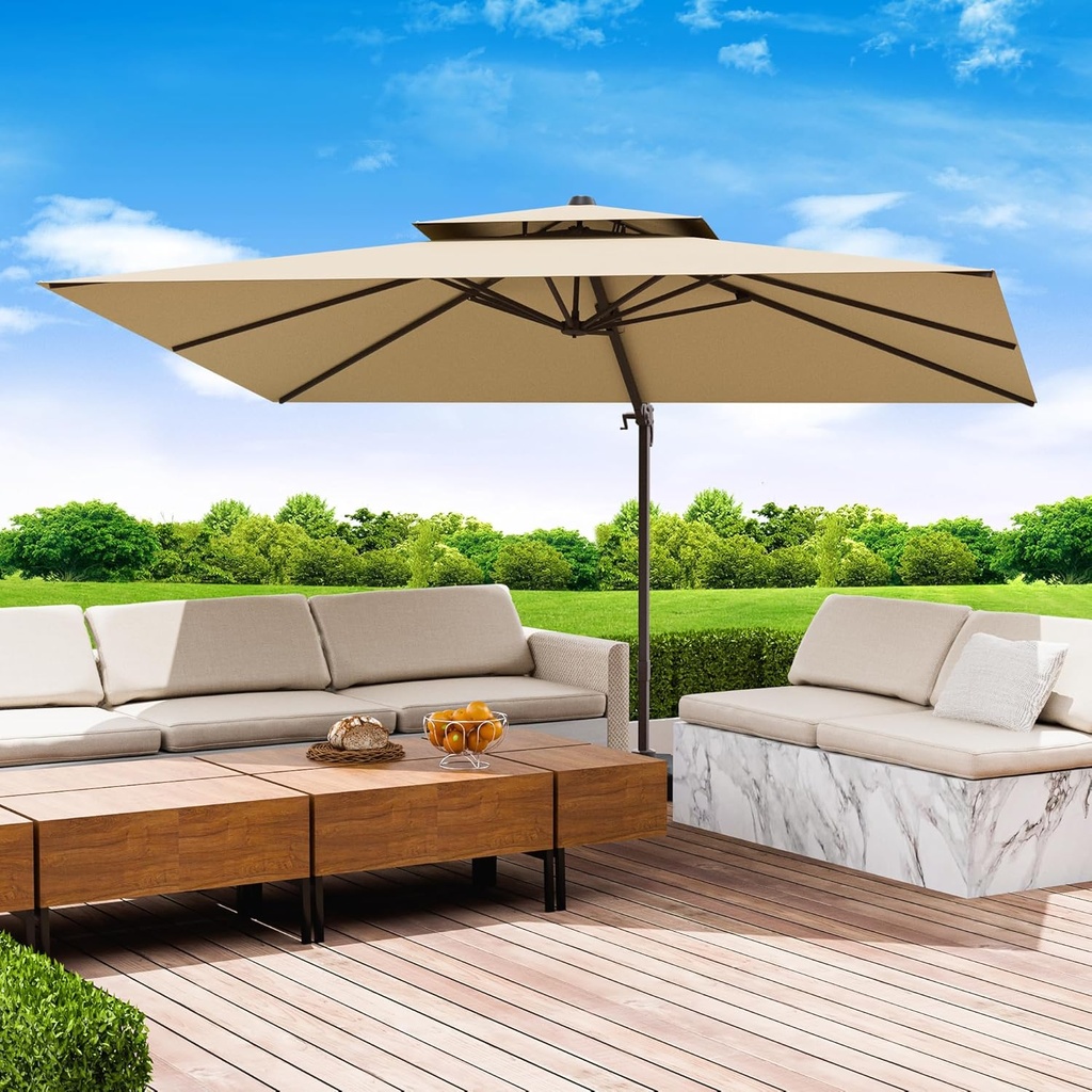 10x13 FT Patio Umbrella, Large Cantilever Rectangular Double Top Heavy Duty Offset Umbrellas with 360° Rotation, Outdoor shade for Garden Deck Pool Patio, Tan