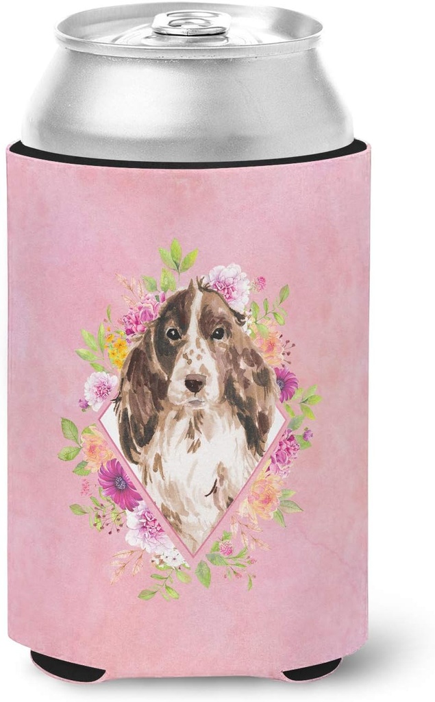 Caroline's Treasures CK4252CC Brown Parti Cocker Spaniel Pink Flowers Can or Bottle Hugger Cooler Washable Drink Sleeve Collapsible Beverage Insulated Holder, Can Hugger, Multicolor
